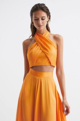 Reiss Ruby Cropped Halter Occasion Top Orange