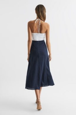 Reiss Sian Linen Colour Block Midi Dress Navy White