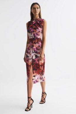 Reiss Vega Floral Printed Bodycon Midi Dress Pink Multi