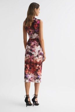 Reiss Vega Floral Printed Bodycon Midi Dress Pink Multi