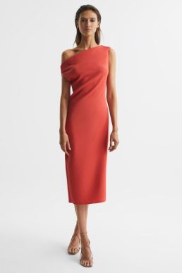 Reiss Zaria Off-Shoulder Bodycon Midi Dress Coral