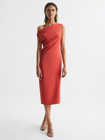 Reiss Zaria Off-Shoulder Bodycon Midi Dress Coral
