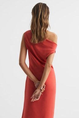 Reiss Zaria Off-Shoulder Bodycon Midi Dress Coral
