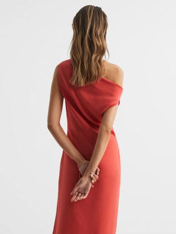 Reiss Zaria Off-Shoulder Bodycon Midi Dress Coral