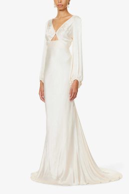 Shona Joy Flared-hem cut-out satin maxi bridal dress Cream
