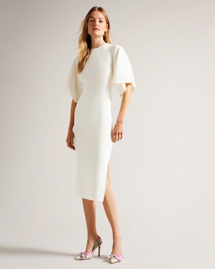 BRENA White Long Sleeve Bodycon Knit Midi Dress