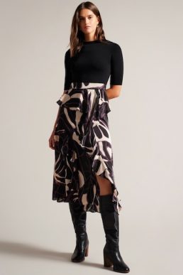 Ted Baker Serepha Fitted Knit Bodice Dress With Ruffle Skirt Black cream