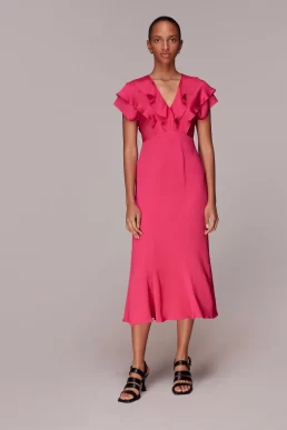 Whistles Adeline Frill Midi Dress Pink