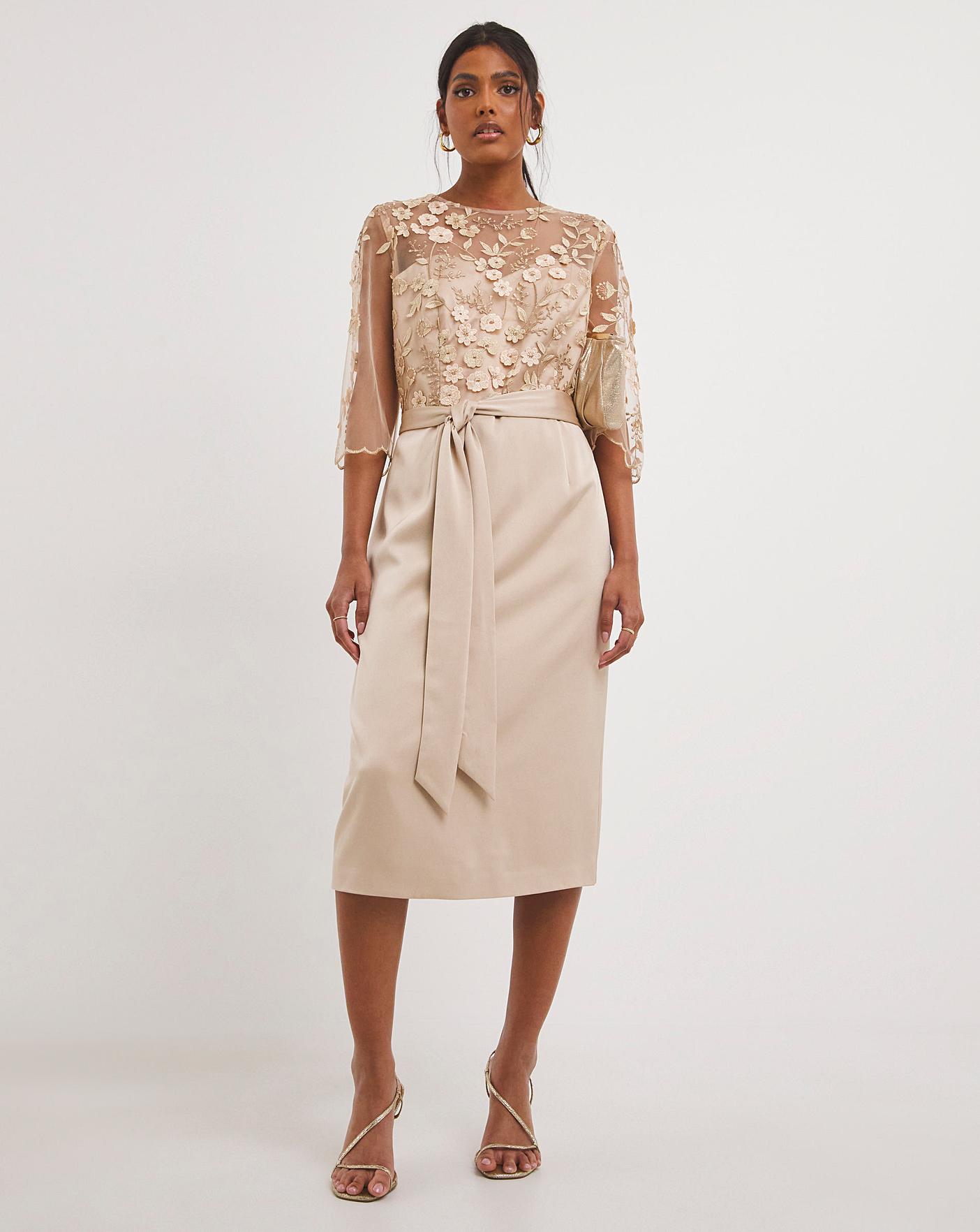 Joanna Hope Latte 3D Lace Scallop Sleeve Satin Midi Dress, Latte