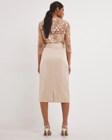 Joanna Hope Latte 3D Lace Scallop Sleeve Satin Midi Dress Latte