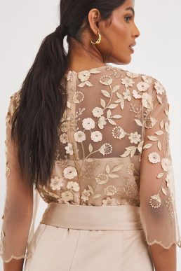 Joanna Hope Latte 3D Lace Scallop Sleeve Satin Midi Dress Latte