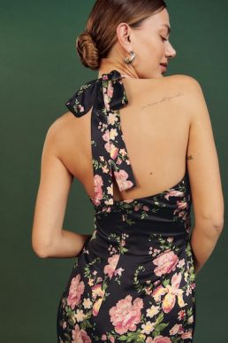 Reformation Maddison Silk Midi Dress Black Pink Multi