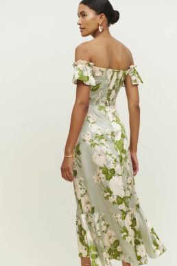 Reformation Sianna Floral Silk Bardot Dress Light Green Tarragon