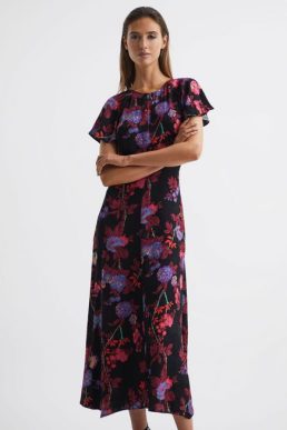 Reiss Eleni Fitted Floral Print Midi Dress Black Multi