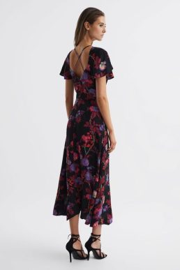 Reiss Eleni Fitted Floral Print Midi Dress Black Multi