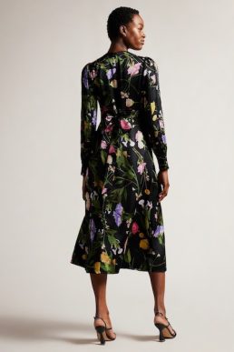 Ted Baker Arianya Blouson Sleeve Floral Midi Dress Black Multi