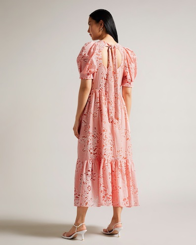 Ted Baker Esthher Puff Sleeve Tiered Midi Dress, Coral