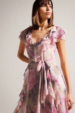 Ted Baker Karenie Frilled Floral Maxi Dress Pink Blush Multi
