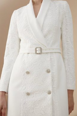 Coast Lisa Tan Premium Lace Tuxedo Dress With Gem Buttons
