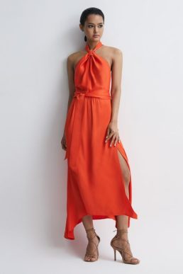 Reiss Adeline Fitted Halter Neck Midi Dress Orange