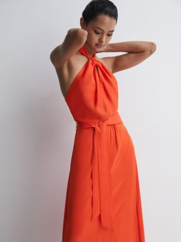 Reiss Adeline Fitted Halter Neck Midi Dress, Orange - Image 2