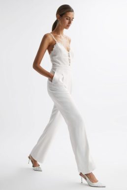 Reiss Cora Lace Plunge Neck Jumpsuit Ivory