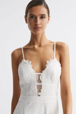Reiss Cora Lace Plunge Neck Jumpsuit Ivory
