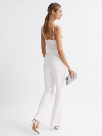 Reiss Cora Lace Plunge Neck Jumpsuit Ivory