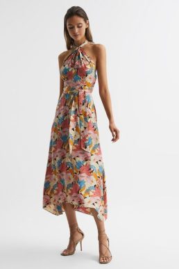 Reiss Electra Floral Printed Halter Neck Midi Dress Pink Neutral