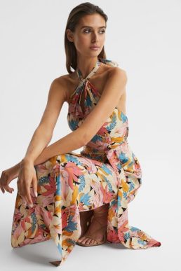Reiss Electra Floral Printed Halter Neck Midi Dress Pink Neutral