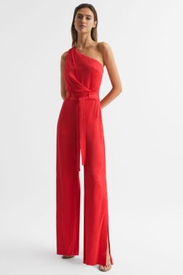 Reiss Eliza Off-The-Shoulder Jumpsuit Red