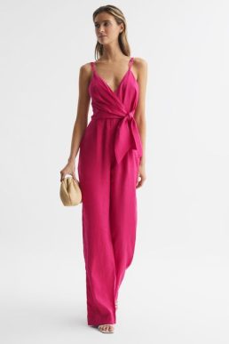 Reiss Emilia V-Neck Linen Jumpsuit Pink