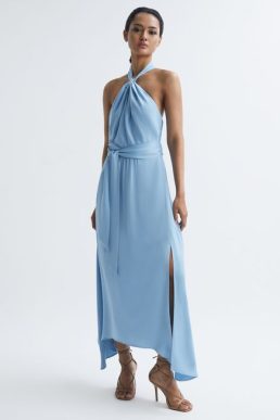 Reiss Evelyn Fitted Halter Neck Midi Dress Blue