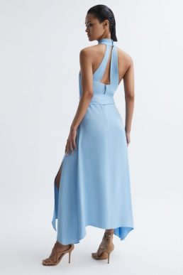Reiss Evelyn Fitted Halter Neck Midi Dress Blue