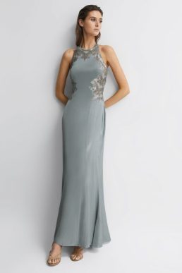 Reiss Fern Fitted Lace Halter Neck Maxi Dress Silver
