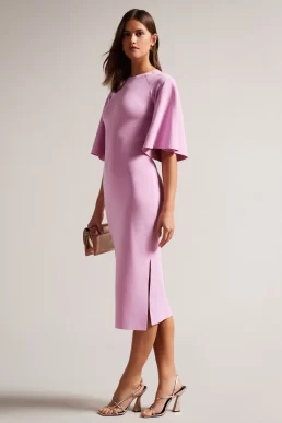 Ted Baker Lounia Fluted Sleeve Knitted Bodycon Midi Dress Pink
