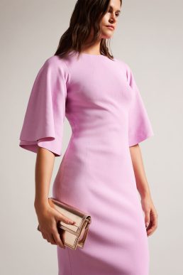 Ted Baker Lounia Fluted Sleeve Knitted Bodycon Midi Dress Pink