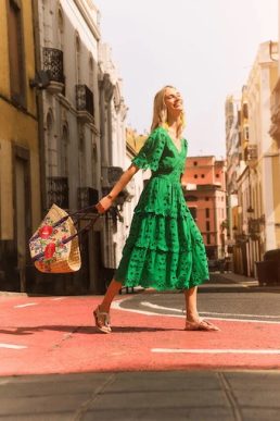 Monsoon V-neck tiered broderie dress green