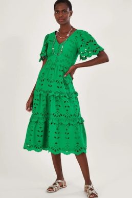 Monsoon V-neck tiered broderie dress green