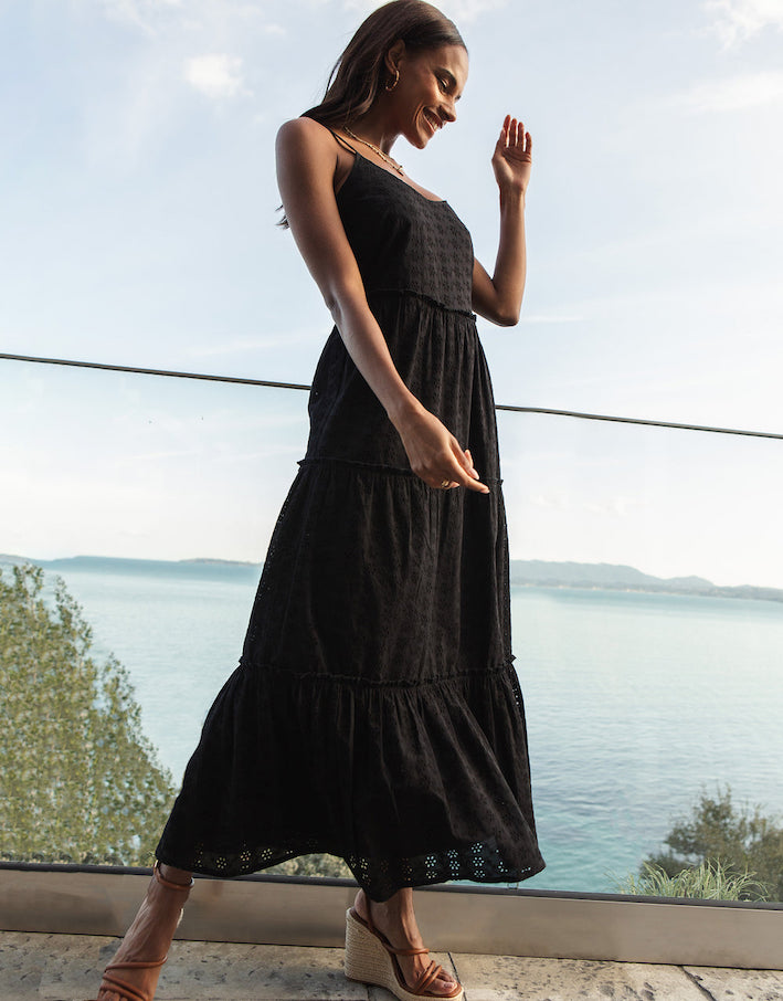 Black Broderie Anglaise Cami Strap Tiered Midi Dress, £41.99