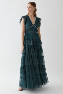 Coast Tiered Tulle Diamante Trim Bridesmaids Dress Forrest green