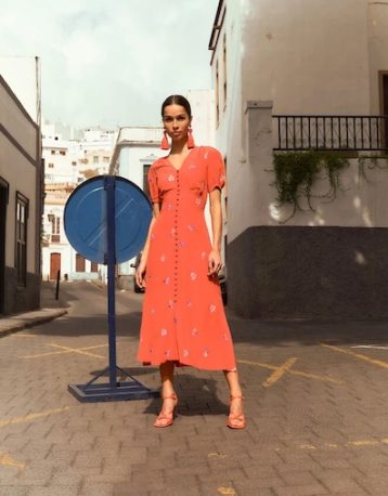 Monsoon Ollie embroidered tea dress in sustainable viscose orange