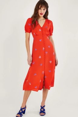 Monsoon Ollie embroidered tea dress in sustainable viscose orange