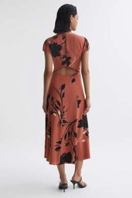 Reiss Floella Floral Printed Midi Dress Orange Blush Black