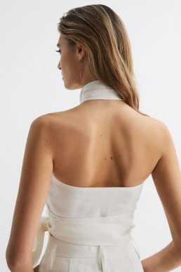 Reiss Hollie Halter Neck Linen Blend Crop Top White