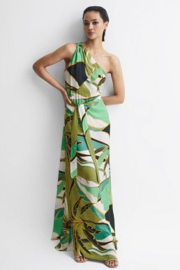 Reiss TIina Jungle Print One Shoulder Maxi Dress Green Multi