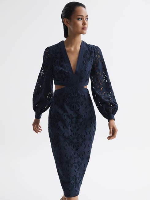 Reiss Zena Lace Cut-Out Midi Dress, Navy Blue