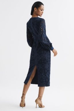 Reiss Zena Lace Cut-Out Midi Dress Navy Blue