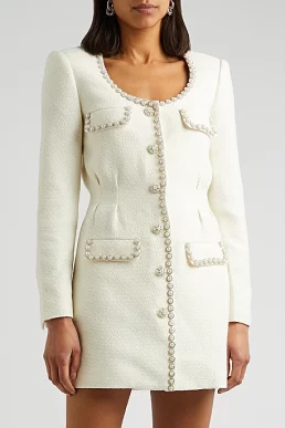 SELF-PORTRAIT Embellished tweed mini dress Ivory
