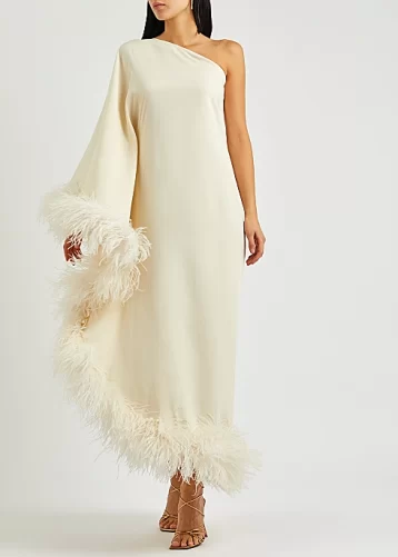 TALLER MARMO Ubud ivory one-shoulder feather dress Ivory